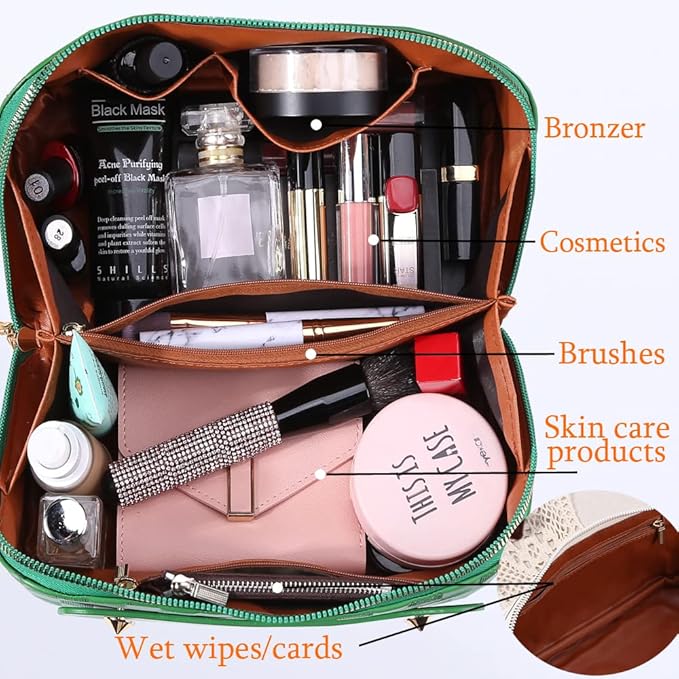 Cessfle Large Capacity Travel Cosmetic Bag Plaid Checkered Makeup Bag Portable Leather Waterproof Skincare Bag with Handle & Divider for Women, 01-Green