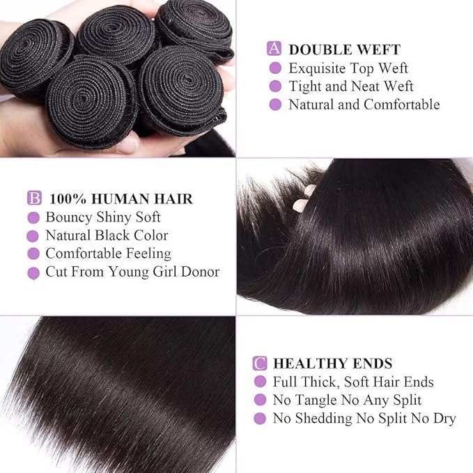 10A Straight Bundles with Frontal 14 16 18 with 12 Inch Human Hair Bundles with Closure 100% Unprocessed Brazilian Virgin Human Hair Weave 3 Bundles with Frontal HD Lace