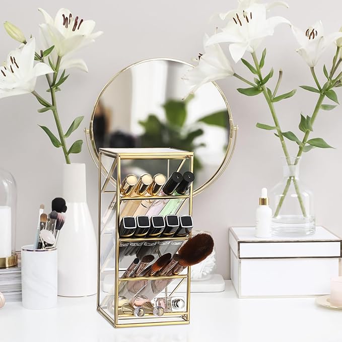 ELLDOO Rollerball Perfume Organizer, 4 Compartment Clear Glass Perfume Storage Holder Vintage Beauty Scent Holder, Metal Makeup Lipgloss Lipstick Display Case
