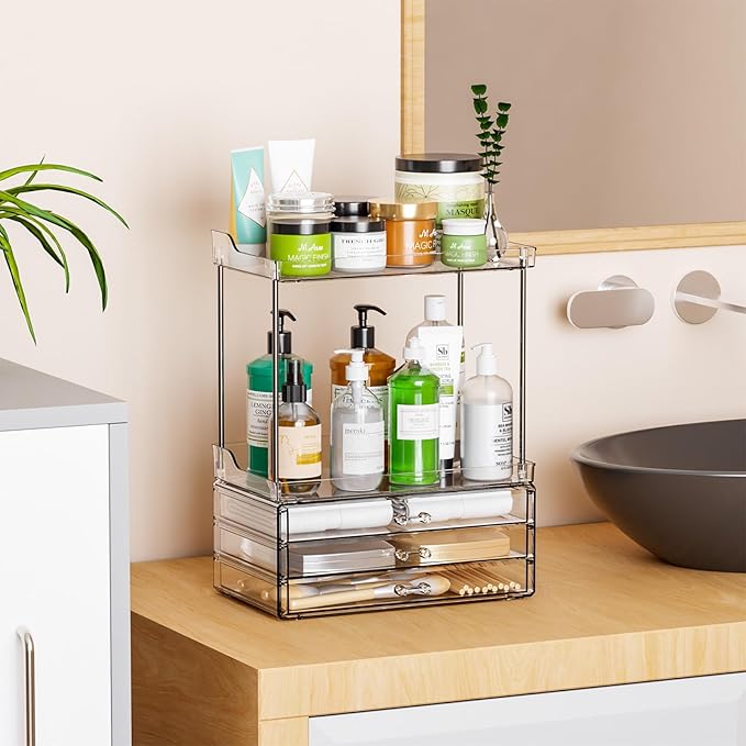 2 Tier 3-Drawer Bathroom Counter Storage Organizer - Stackable Design - 14.4" Tall Large Cosmetic Organizer Suitable as Makeup,Beauty,Face Product,Lotion,Skincare Organizer,Clear