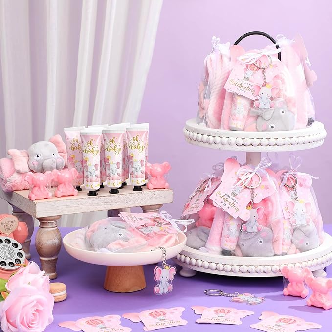 168 Pcs Pink Elephant Baby Shower Favors Baby Shower Gifts Bulk Hand Cream Towels Soaps Keychains Organza Bags Guest Appreciation Gift with Thank You Tags and Cards for Boys Girls Guest