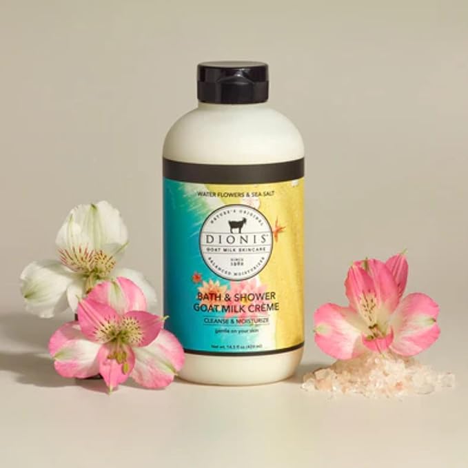 Dionis Goat Milk Skincare Water Flowers and Sea Salt Bath Soap & Liquid Shower Crème, Creamy Cruelty Free, Paraben Free Hydration Body Wash Cleanser, Soap Moisturizer For Sensitive Skin, 14.5oz Bottle