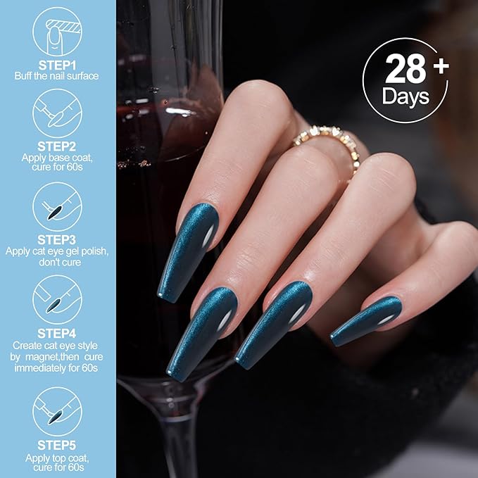 Adhere 4Pcs 12ML Glitter Cat Eye Soak Off UV LED Gel Nail Polish Set, Reflective Glitter Cat Eye, Sparkling Diamond Magnetic Shining Jewel Shine Color with Magnet