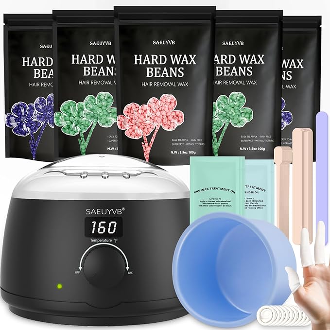 Waxing Kit for Women - Premium Hot Melt Hard Wax Warmer for Hair Removal, Eyebrow, Bikini, Legs, Face, Brazilian Wax - Machine, 5-Pack Beads, Accessories, Black