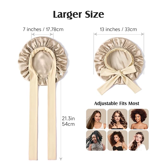 YFONG 100% 22 Momme Mulberry Silk Bonnet for Sleeping Women, Larger Double Layer Silk Hair Wrap for Curly Short Long Hair, Non-Slip Sleep Cap Turban with Elastic Tie Band for Hair Care, Champagne