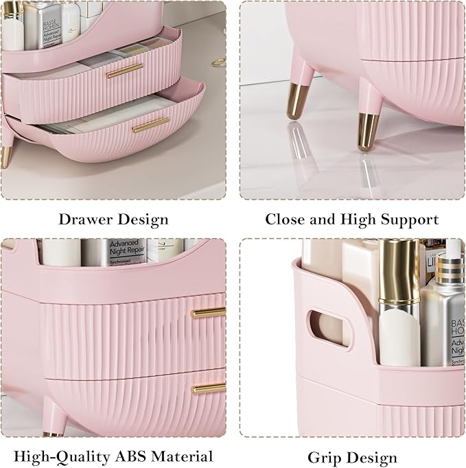 Makeup Organizer for Vanity, Large Capacity Skincare Cosmetic Organizer Countertop with 2 Drawers, Cosmetic Display Cases Makeup Storage Box for Bedroom, Bathroom, Ideal Gifts for Women(Pink)