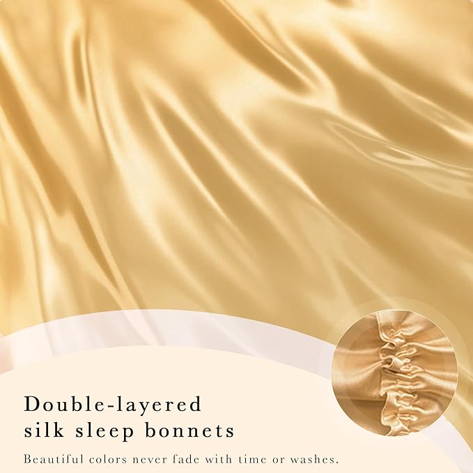 Simnice 100% Mulberry Silk Bonnet for Women Hair Care, Double-Layer Hair Bonnet for Sleeping, Natural Silk Hair Wrap with Elastic Stay On Head,Champagne Gold