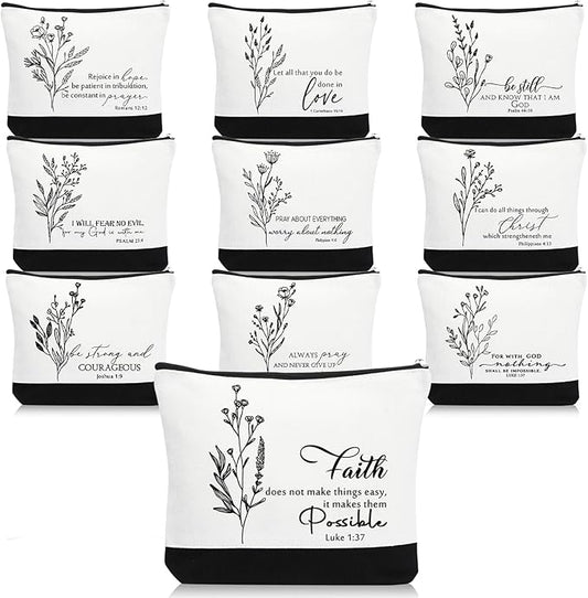 10Pcs Christian Gifts for Women Religious Cosmetic Bags Inspirational Bible Verse Pencil Pouch Canvas Makeup Bags Bulk with Zipper for Mother Sister Church Favors