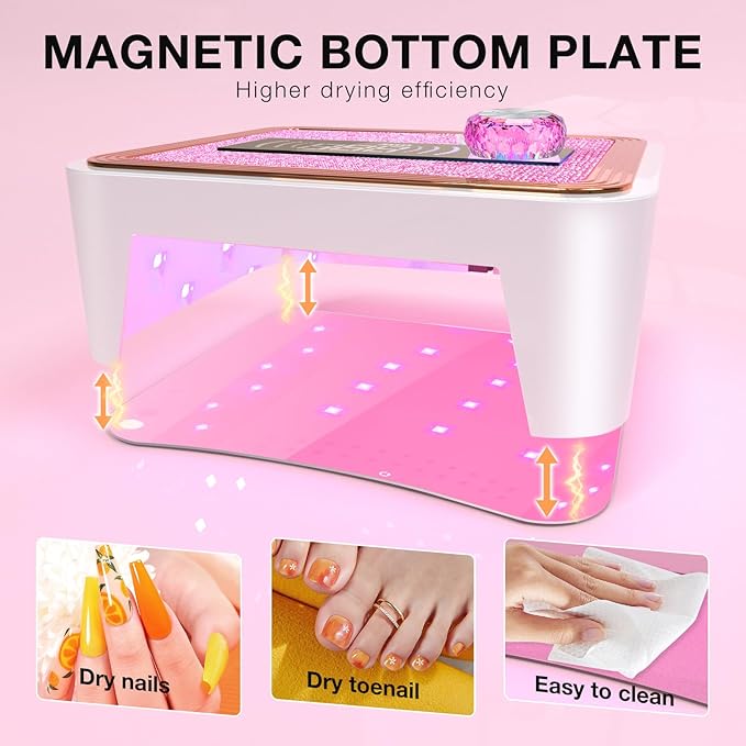 268W Cordless UV Nail Lamp, Rechargeable UV Light for Gel Nails with Unique Knob, New Dual Lamp Beads & Sparkling Rhinestones Diamond, Professional Nail Dryer for Nail Salon & Home (Pink)