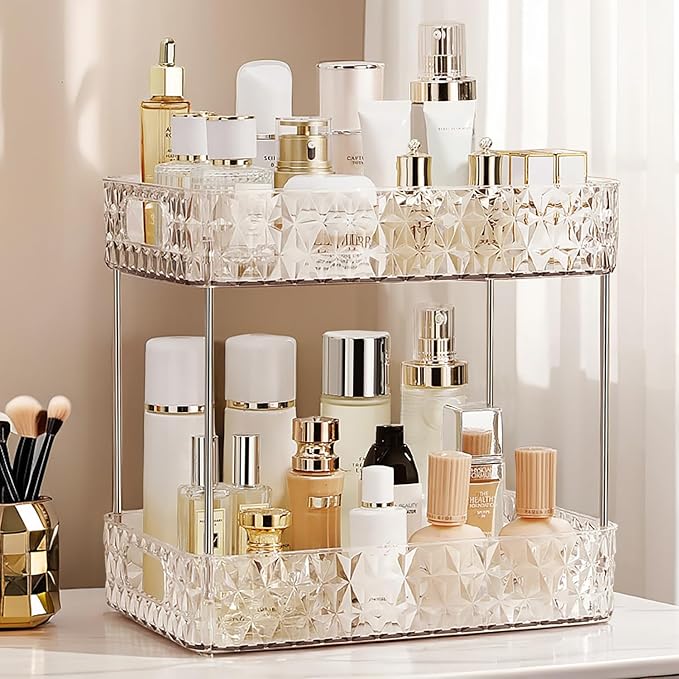 Makeup Organizer for Vanity,Bathroom Countertop Skincare Organizer,Makeup Counter Shelf Perfume Holder Rack,Cosmetic Display Case (Clear, 2 Tier)