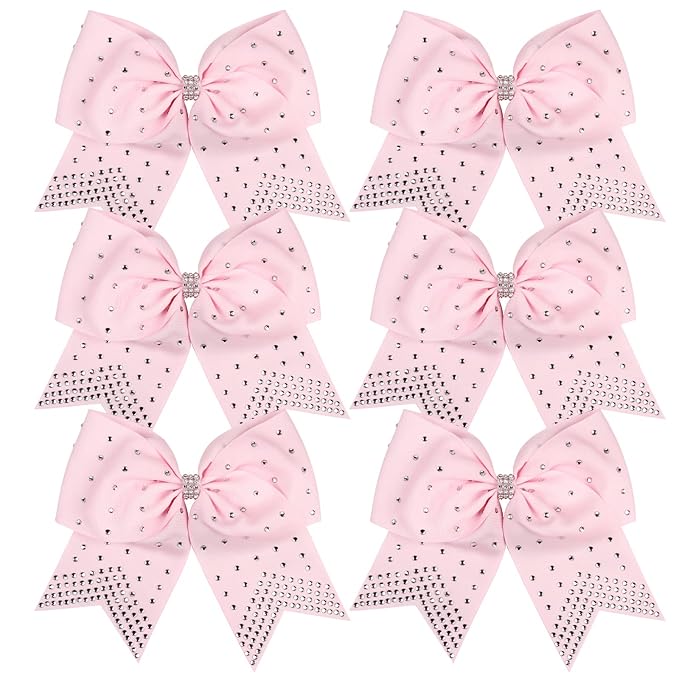 8 Inch Cheerleader Bows Ponytail Holder with Bling Fling Rhinestones Hair Tie Cheerleading Bows 6 Pcs (Pink)