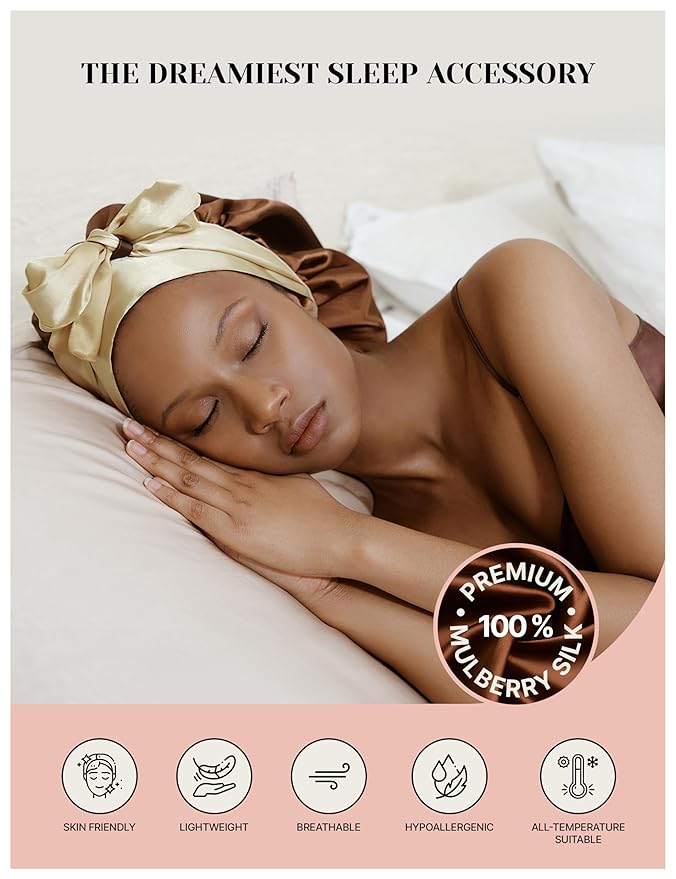 100% Mulberry Silk Bonnet for Sleeping Women with Curly Hair – Alternative to Double Layer Satin Bonnet with Tie Band Premium Silk Hair Wrap for Sleep with Wonder Loop Chocolate