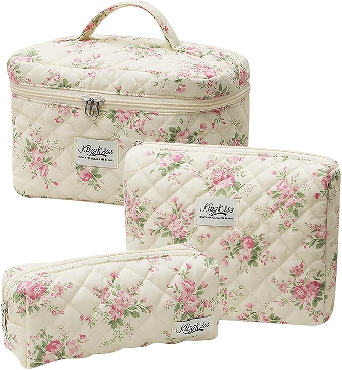 Quilted Floral Makeup Bag 3PCS, Cute Cotton Coquette Aesthetic Travel Toiletry Bag, Zipper Cosmetic Pouch, Daily Travel Use Skincare Bag, Large Capacity (Rose Blush Garden Pink)