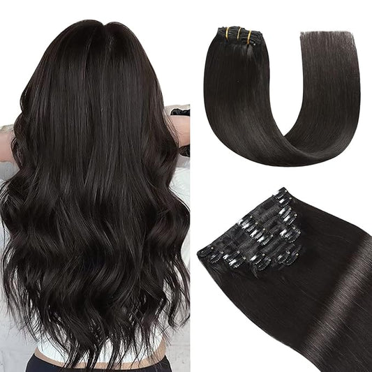 YILITE Clip in Hair Extensions Real Human Hair Full Head Double Weft Invisible Off Black Remy Human Hair 8Pcs 120g Straight Thick Real Hair Extensions Clip ins (22inches #1B Off Black)