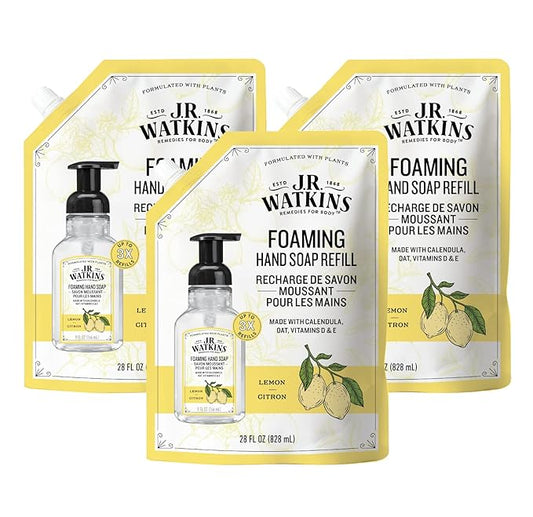 J.R. Watkins Foaming Hand Soap Refill, Moisturizing Foam Hand Wash, All Natural, Alcohol-Free, Cruelty-Free, USA Made, Lemon, 28 fl oz, 3 Pack