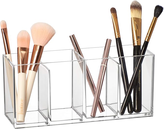Amazing Abby - Glamour - Acrylic 4-Compartment Makeup Organizer, Transparent Plastic Makeup Brush Holder, Perfect Bathroom Vanity Storage Solution for Makeup Brushes, Eyebrow Pencils, and More