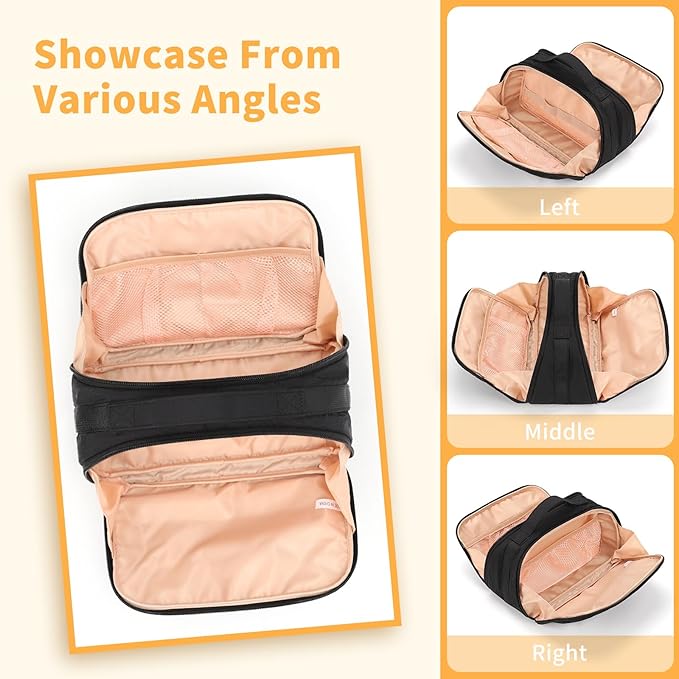 OCHEAL Travel Makeup Bag - Wide Open Cosmetic Bag for Women Make up with Two Compartments, Portable Lightweight Roomy Organizer Toiletry Bag for Girls Skincare tools Accessories-Black