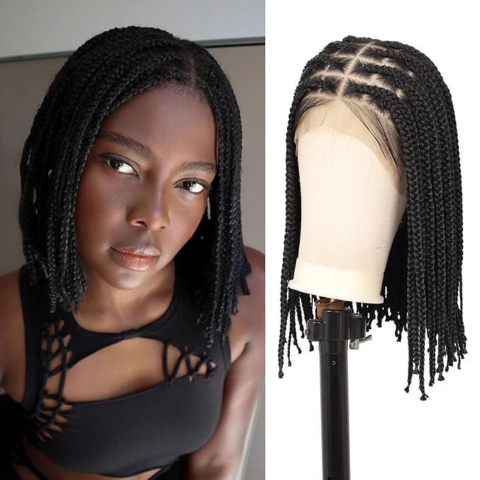 13x8 Inch HD Lace Front Short Knotless Braided Wigs For Women 360° Full Lace Braid Wig With Baby Hair 14" Black Human Hair Blended Bob Braid Lace Front Wigs