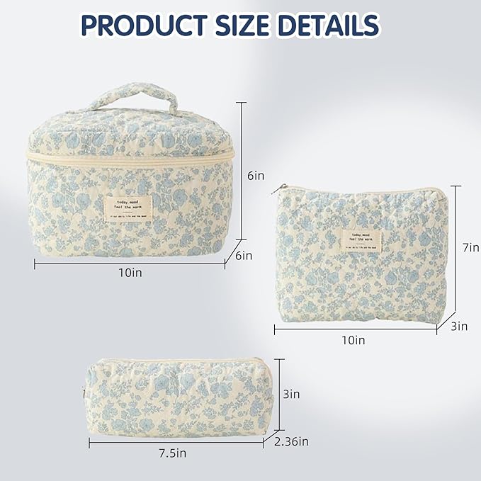 Quilted Floral Makeup Bag 3PCS, Cute Cotton Coquette Aesthetic Travel Toiletry Bag, Zipper Cosmetic Pouch, Daily Travel Use Skincare Bag, Large Capacity (Powder Blue Botanical)