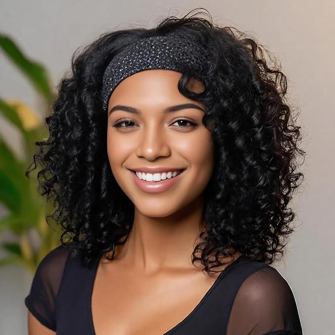 JCL Headband Wig - 14 Inch Curly Human Hair Wig, Glueless, Lace Front, Deep Wave, Natural Color, for Black Women