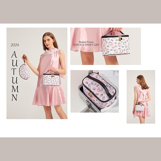 AmBealla Cosmetic Bag Large Makeup Bags Pink Travel Case with Makeup Brush Holder,2PCS Cosmetic Organizer for Women, Toiletry Storage Bag for Skincare & Beauty Tools Sweet Cute for Girls