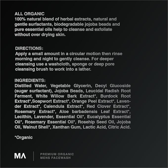 Minamul Mens Face Wash - Exfoliating Organic Foaming Scrub | Daily Deep Facial Cleanser for Acne | Safe for Oily, Dry, Combo or Sensitive Skin Types | Light Scent | Anti-Agin