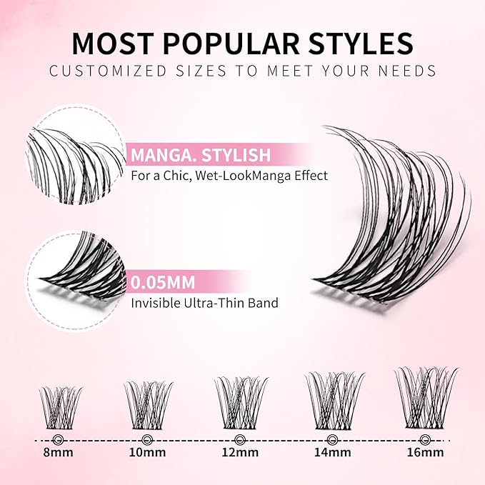 Venus Lash Clusters Kit 8-16mm with 5-6mm Bottom Lashes Wispy Natural Eyelash Clusters Kit D Curl -WideSpan DIY Eyelash Extension Kit Individual Fake Eyelashes Clusters Kit Thin Invisible Lash Band