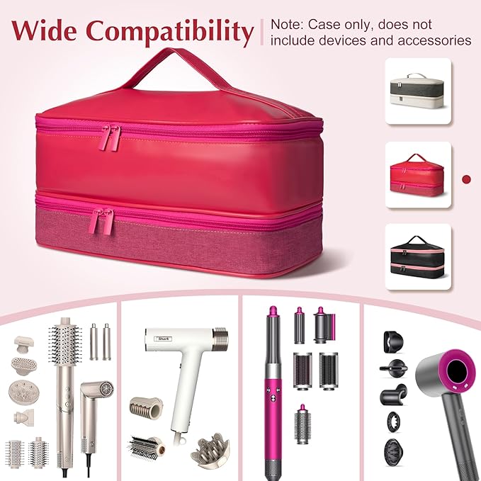 Travel Carrying Case for Shark Flex Style, Double Layer Hair Dryer Accessories Tools Storage Case, Waterproof PU Leather Organizer Bag for Shark Flexstyle/Dyson Airwrap Styler and Attachments (Pink)