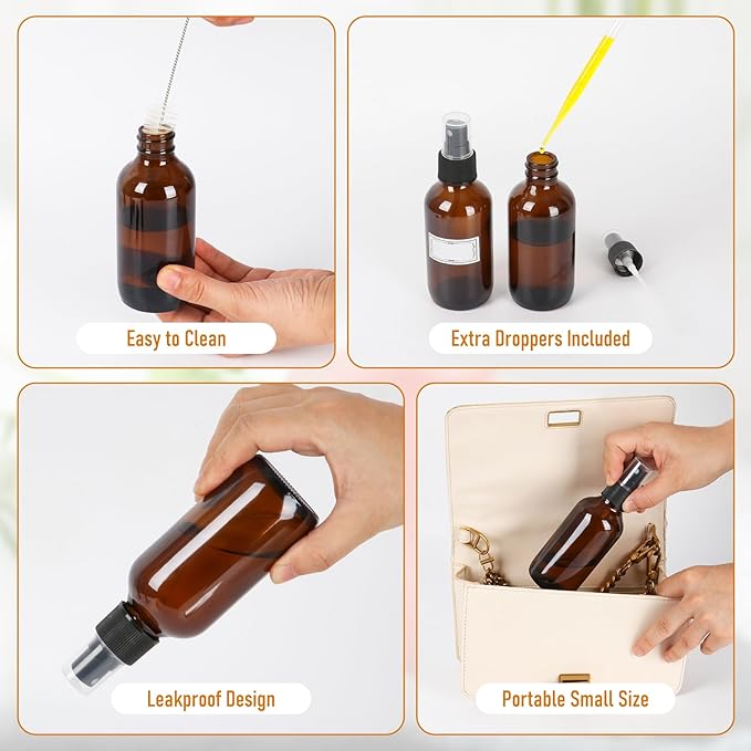 120ml Glass Spray Bottles with Fine Mist Sprayer 16Pack, Small Amber Glass Spray Bottles 4 oz for Perfumes,Cleaning Products,Pet Spray (4fl.oz, Set of 16)
