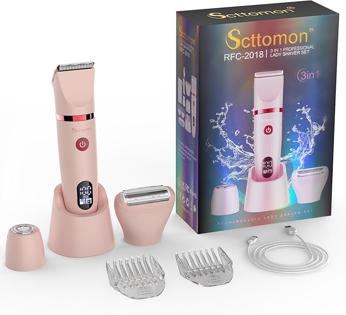 3-in-1 Electric Razor IPX7 Waterproof Bikini Trimmer Wet & Dry Use Painless Personal Trimmer Groomer for Ladies Face Body Legs Bikini Public Hairs Electric Lady Shaver with Replaceable Heads