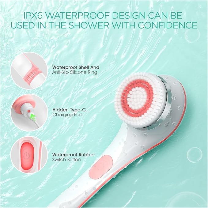 VOYOR Electric Body Brush Back Scrubber for Shower Rechargeable Exfoliating Bath Brush Powered Shower Brush with Non-Slip Long Handle Deep Cleansing, Exfoliation, Massaging Spin Brush BC100 (Pink)
