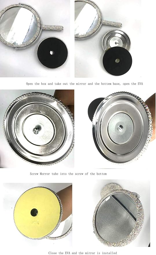 Bling Rhinestone Portable Magnified Double Sided Swivel Makeup Vanity Mirror, 360°Rotate Makeup Mirror Round Shaped Two-Sided Makeup Mirror (Silver)