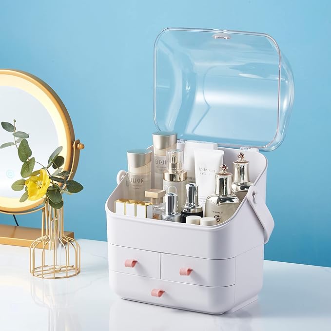 SUNFICON Preppy Skincare Organizers Makeup Organizer Holder Beauty Cosmetic Storage Box Large Display Case Dust Free Cover Portable Handle 2 Rroomy Drawers Gift Great For Bathroom Countertop White