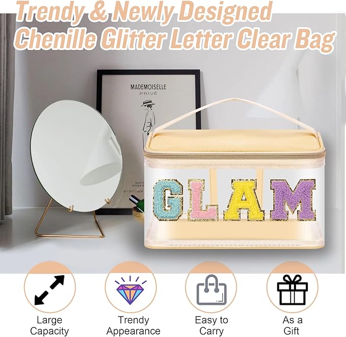 Chenille Letter Clear Makeup Bags Glam Pouch, Preppy Patch Makeup Bag Zipper with Handle, Transparent PVC & Nylon Waterproof Glitter Cosmetic Handbag Travel Toiletry Storage for Women Girl(GLAM-Beige)