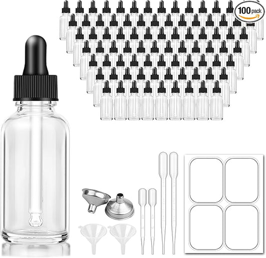 100 Pack, 1 oz Glass Dropper Bottle for Essential OIls, 30 ML Clear Empty Tincture Bottles with Dropper for Serum Hair Cuctile Body Oils Bulk for Storage