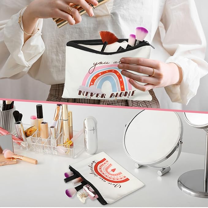 Pinkunn 16 Pcs Canvas Cosmetic Bag Bulk Inspirational Quotes Makeup Bags with Zipper Encouragement Travel Toiletry Pouch Appreciation Gift for Christmas Teacher Birthday Graduation (Rainbow)