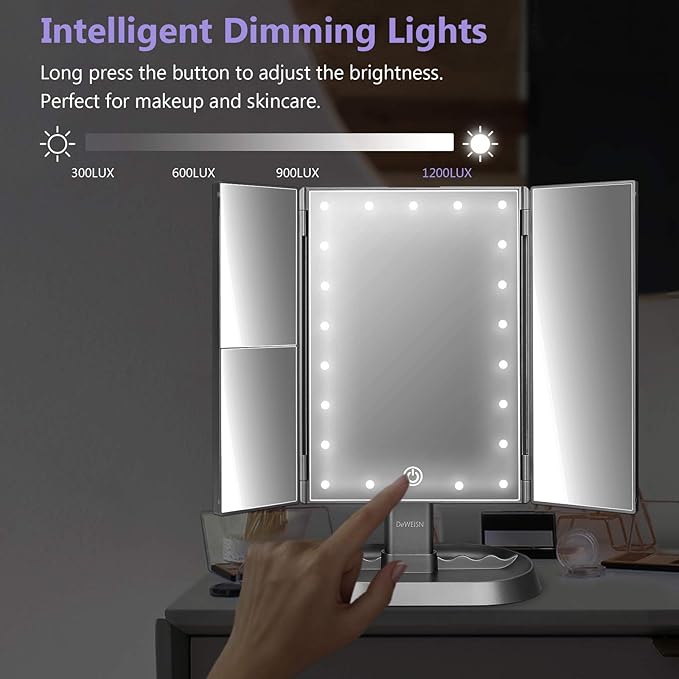 deweisn Trifold Lighted Vanity Makeup Mirror with 21 LED Lights,1/2/3 Magnification and Dimming,Two Power Supplies Makeup Mirror,Gift for Women
