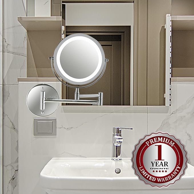 OVENTE 7" Lighted Wall Mount Makeup Mirror with 1X/7X Magnification, Cordless Double Sided Magnifying Round Vanity Mirror, 360° Swivel Design, Extendable and Folding Arm, Polished Chrome MFW70CH1X7X