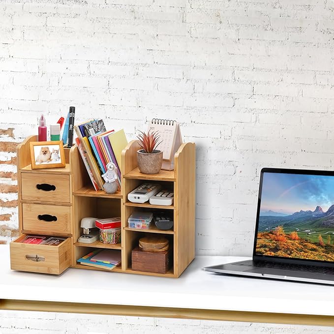 Coloch Bamboo Makeup Cosmetics Organizer with Drawers, Multifunctional Dresser Top Makeup Storage Tabletop Organizer Shelf for Desktop, Skincare, Beauty Supplies, Cosmetics Display, Stationery Storage