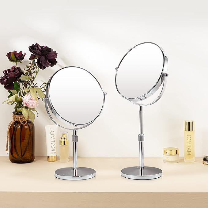 17" Tall Tabletop Magnifying Makeup Mirror Height Adjustable Vanity Mirror 1X/10X Magnification, 8" Large Double-Sided 360° Swivel Classic Round Desktop Make Up Mirror for Bathroom & Bedroom, No Light