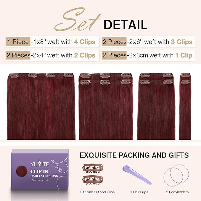 YILITE Clip In Hair Extensions Red Human Hair Extensions Clip Ins 16inch 70g 7pcs/Pack Burgundy Double Weft Silky Straight Remy Human Hair Thick Clip In Real Hair Extensions For Women