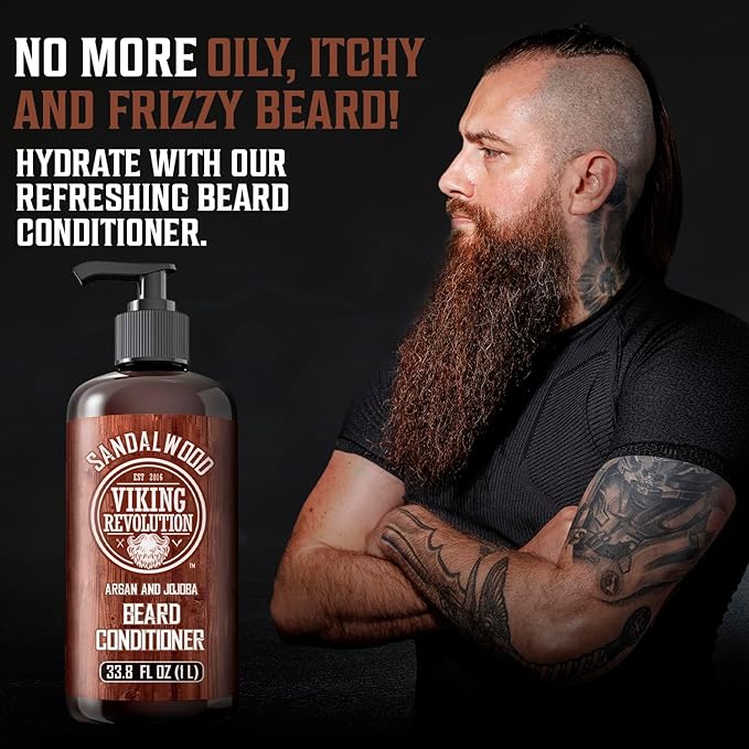 Viking Revolution Sandalwood Beard Conditioner for Men with Argan Oil and Jojoba Oil - Beard Softener and Strengthener Natural Beard Conditioner - Beard Care Moisturizer with Aloe Vera (33.8 Fl oz)