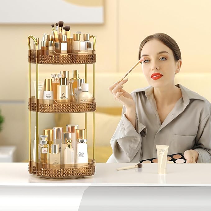 Rotating Makeup Organizer for Vanity 3 Tier, Perfume Organizer with Makeup Brush Holder, Large Capacity Cosmetics Clear Skincare Organizer for Countertop (Pink)