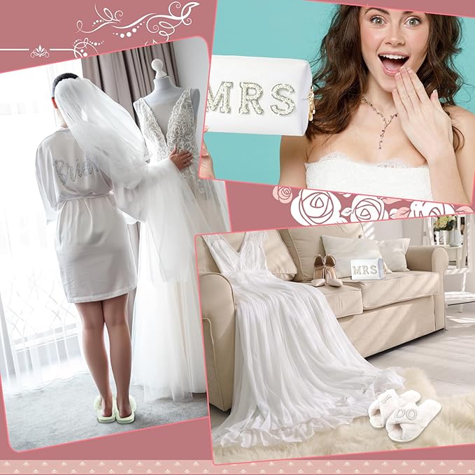 Bride To Be Gift Set - Makeup Bag, Slippers, Robe, Hair Clip - Wedding Gifts