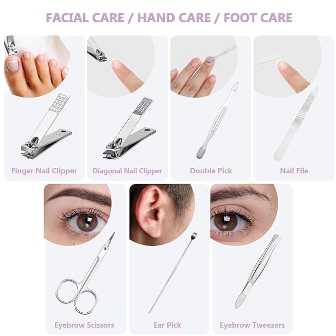 12 Set Manicure Set Bulk Mini Manicure Nail Clipper Kit 7 in 1 Stainless Steel Professional Nail Care Pedicure with Travel Portable Bag Grooming Kits for Women Men Home(Purple)