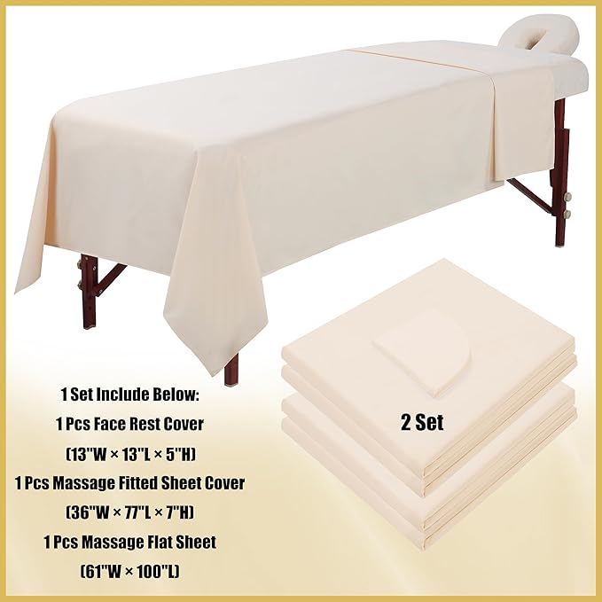 2 Sets Microfiber Massage Table Sheet Sets - 3 Pcs Massage Bed Cover, Soft Wrinkle Free, Includes Fitted Sheet, Face Cradle Cover for SPA, Beauty Salon, Tattoos (Beige)