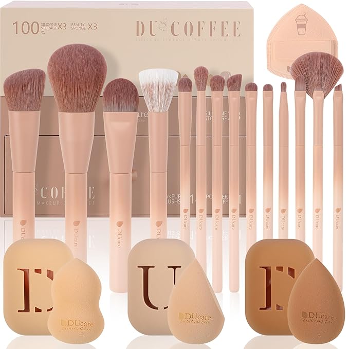 DUcare Makeup Brushes 14Pcs Coffee Series Makeup Brush set with Makeup Sponges Valentines Day Christmas Gifts Foundation Blending Face Powder Blush Eye Shadows Brushes