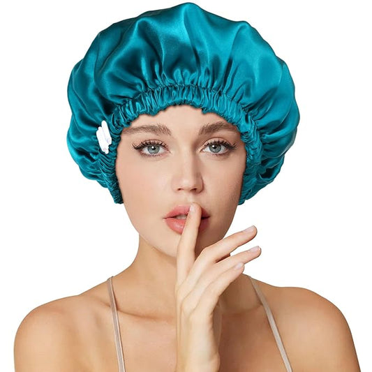 22 Momme 100% Mulberry Double Silk Bonnet for Sleeping Women Double Layer Lined Stay On Head for Hair Care with Adjustable Elastic Band Non-Slip Silk Turban Curly Hair Silk Hair Cap Blue