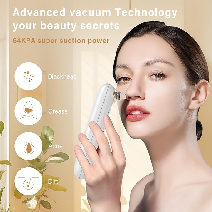Blackhead Remover Pore Vacuum Kit for Face, 5 Adjustable Suction Levels Blackhead Extraction Tool, Face Suction Pore Cleaner with 4 Suction Heads, 4 Probes for Women & Men(White