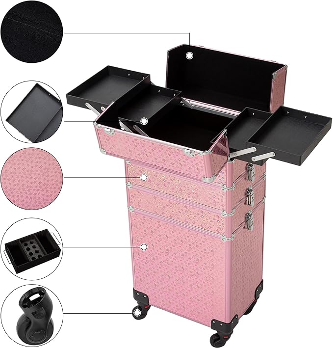 4 in 1 Portable Traveling Aluminum Professional Makeup Trolley Cart with Multiple-Sized Compartments and Wheels (pink with star)